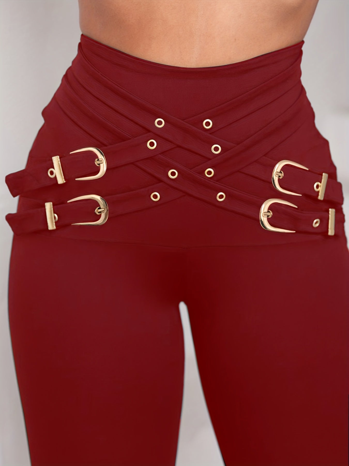 Pantalones de mujer de cintura alta con hebilla cruzada – Leggings elásticos de ajuste escultural