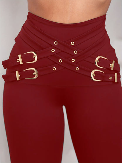 Pantalones de mujer de cintura alta con hebilla cruzada – Leggings elásticos de ajuste escultural