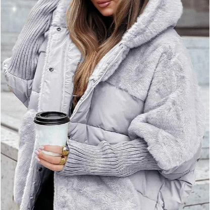 Abrigo con capucha de patchwork de piel sintética Loom & Soul™ – Chaqueta de invierno de algodón holgada para mujer, para una comodidad y calidez elegantes
