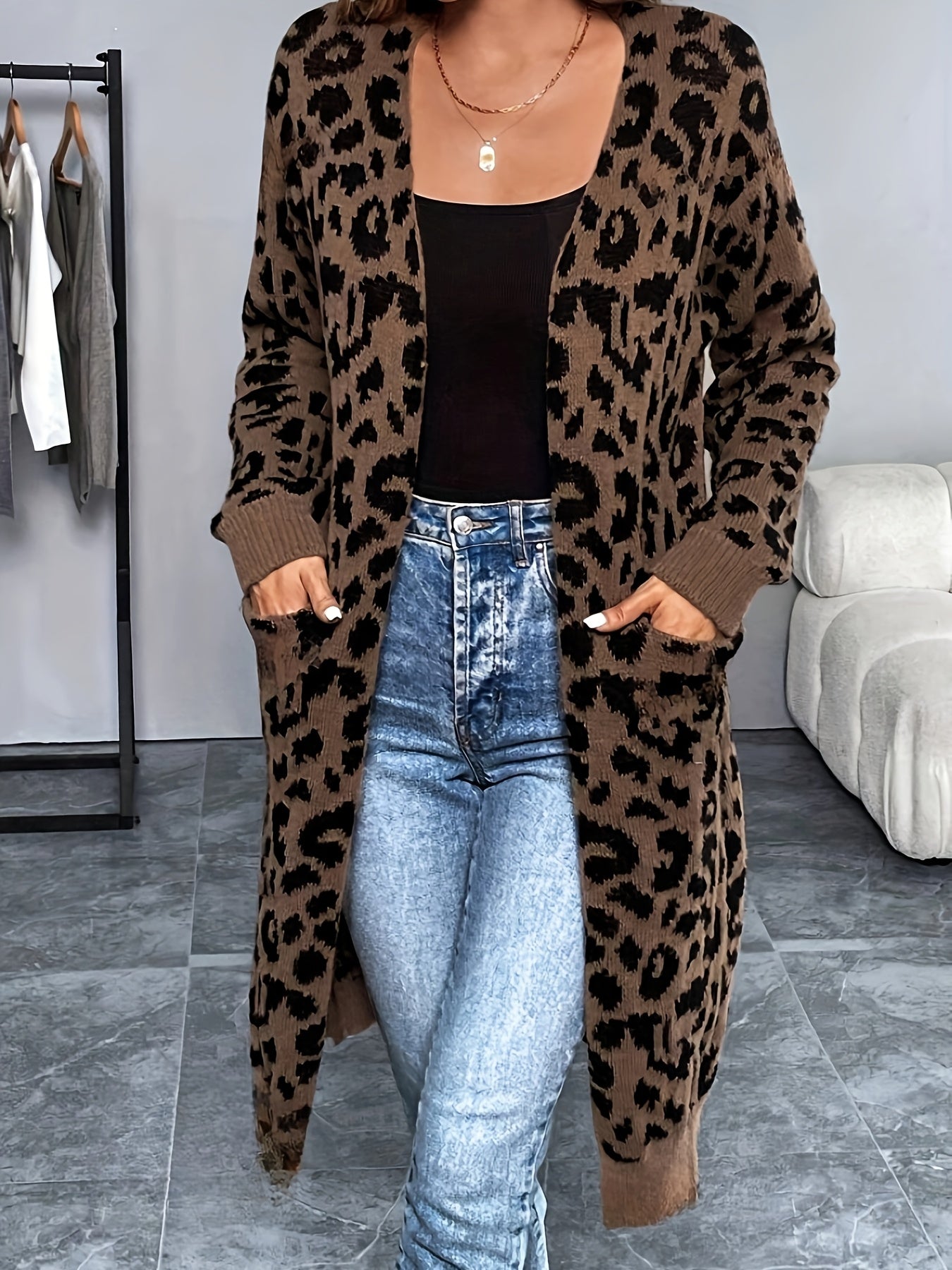Leopard Print Cardigan – Collarless Cozy Knit Sweater