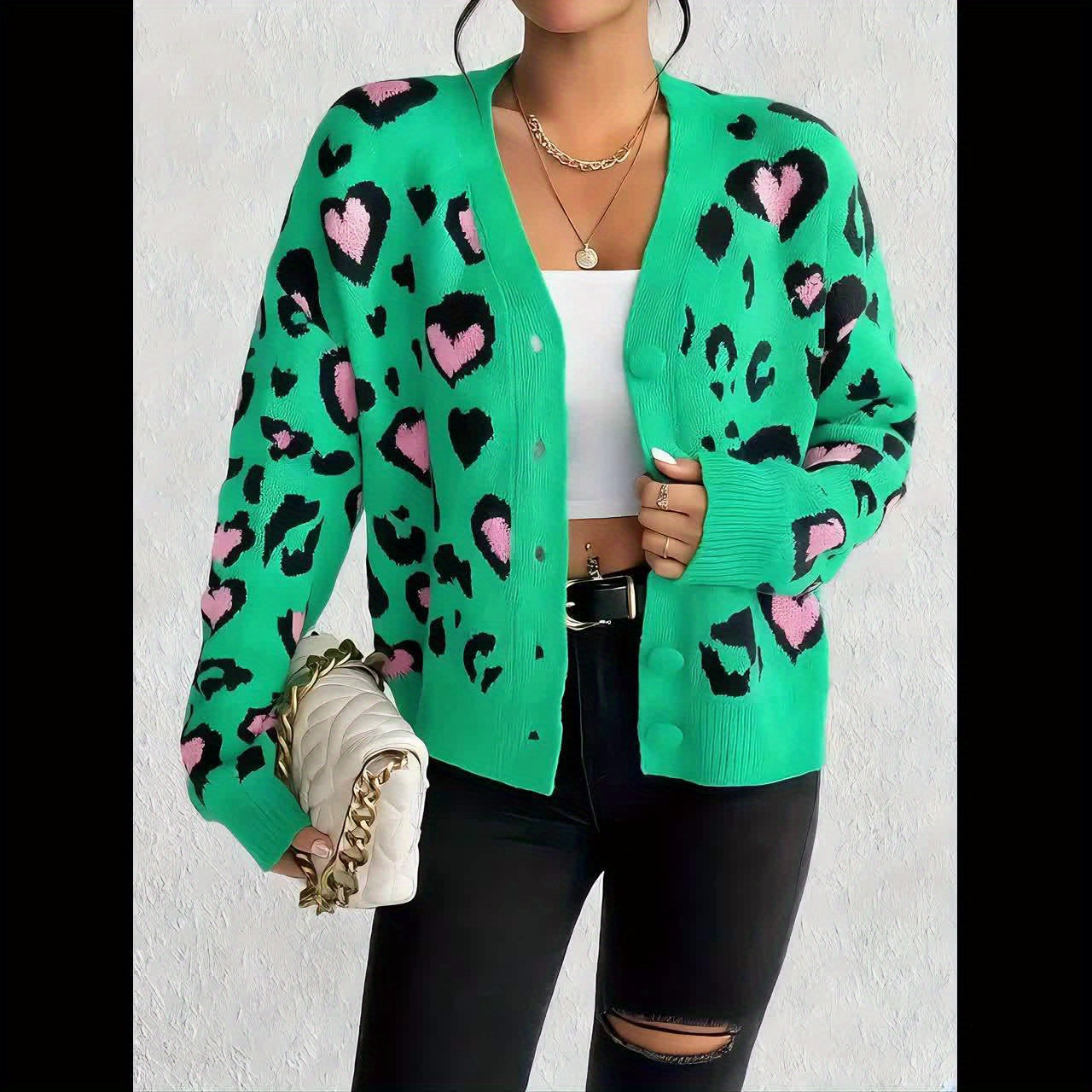 Leopard Jacquard Sweater – Elegant Women’s Casual Knit for Spring/Fall