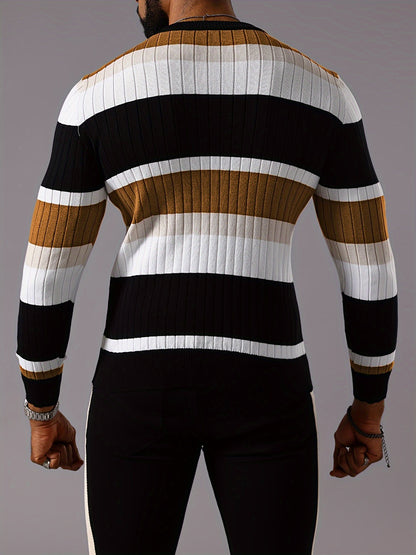 Pull rayé en tricot côtelé pour homme – Pull Color Block Automne Hiver