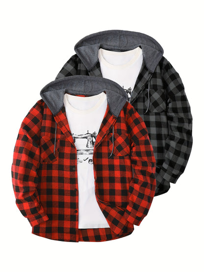Camisas a cuadros con capucha para hombre, 2 piezas – Conjunto de chaqueta tipo suéter con botones
