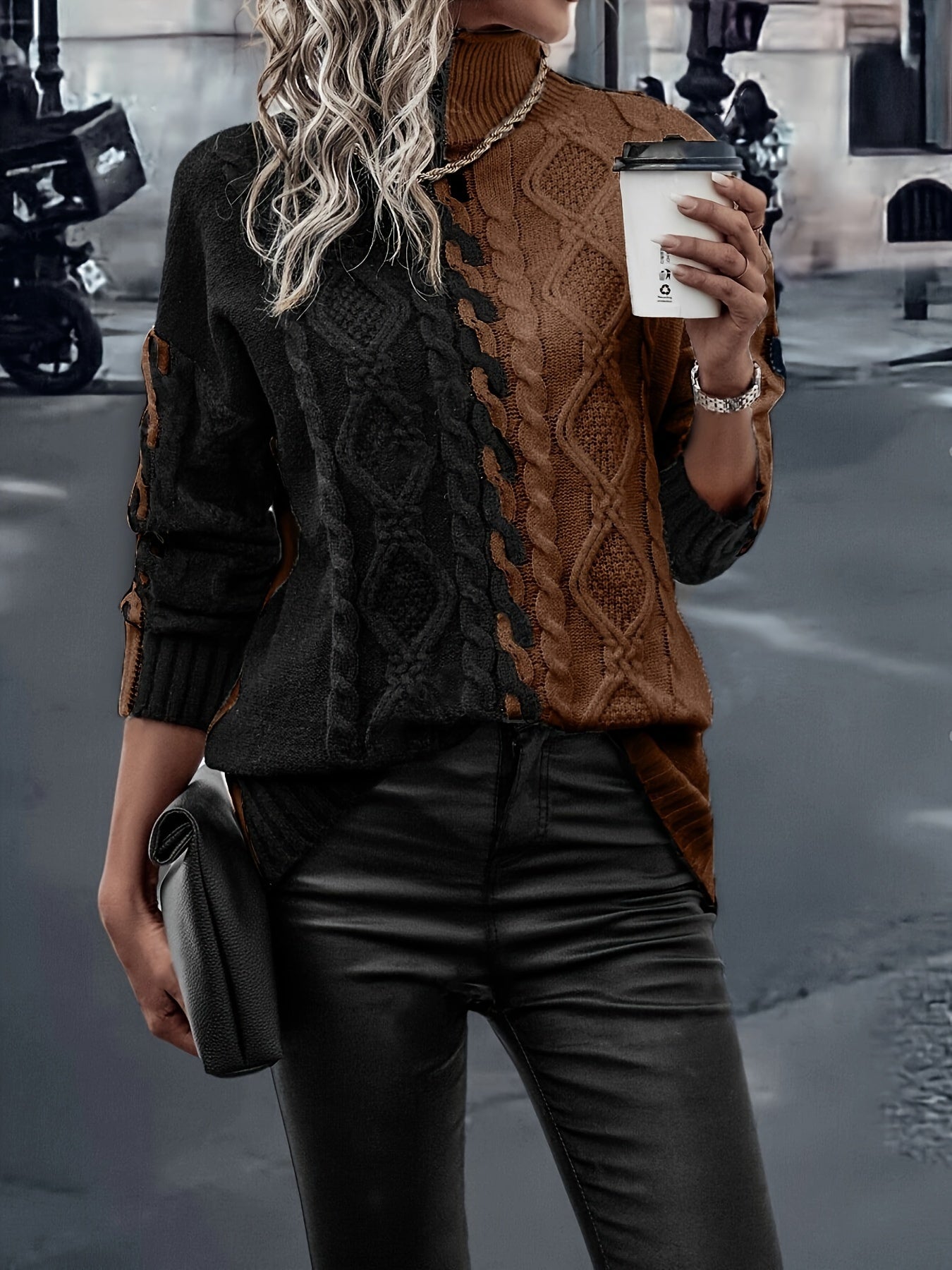 Blusa Elegante de Rayas con Cuello Alto – Top de Manga Larga de Punto Color Block