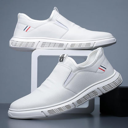 Zapatillas de caminar para hombre Loom & Soul en blanco y negro – Zapatos planos casuales de cuero de PU con acabado de gamuza, comodidad transpirable y diseño con cordones