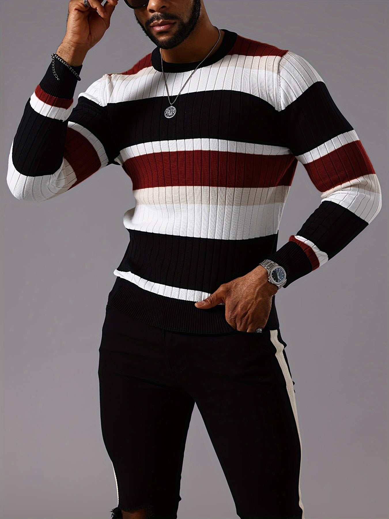 Pull rayé en tricot côtelé pour homme – Pull Color Block Automne Hiver