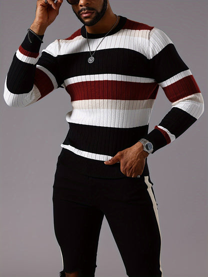 Pull rayé en tricot côtelé pour homme – Pull Color Block Automne Hiver