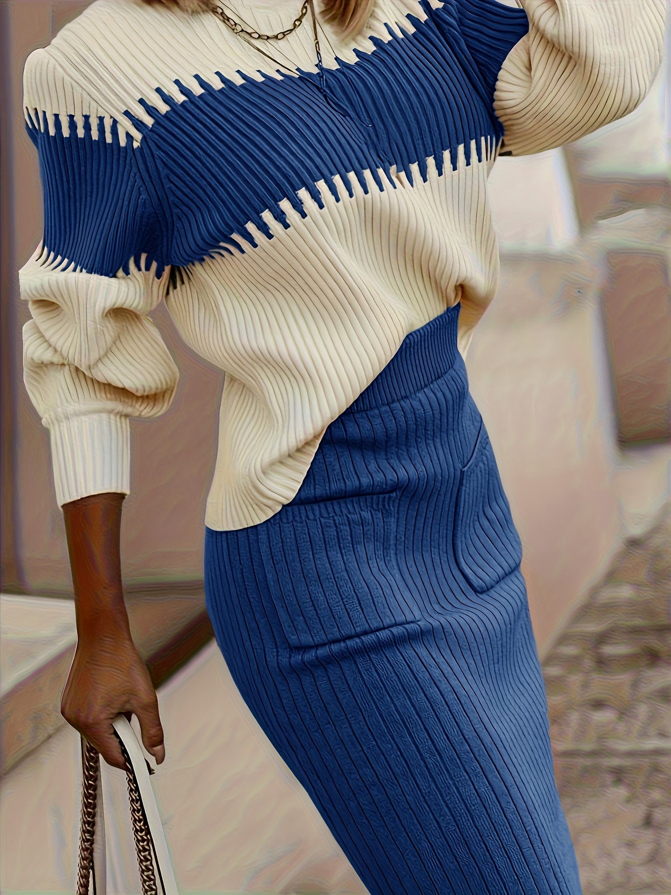 Conjunto de suéter y falda de cuello alto con bloques de color – Dos piezas elegantes de invierno