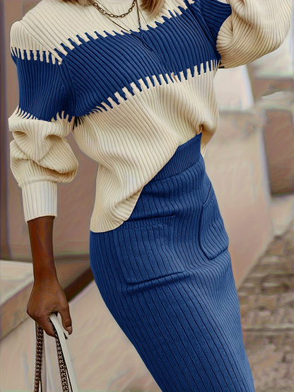 Conjunto de suéter y falda de cuello alto con bloques de color – Dos piezas elegantes de invierno