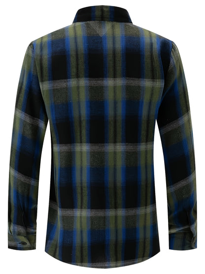 Camisa a cuadros verdes y azules para hombre – Camisa informal a cuadros con botones