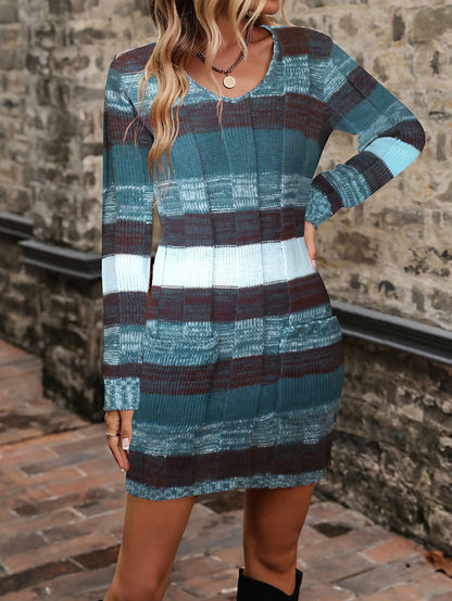 Vestido suéter de mujer con bloques de color – Cuello en V Tejido suelto para otoño