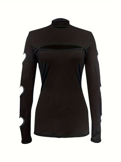 Blusa de cuello alto para mujer – Top elegante de manga larga con escote corazón