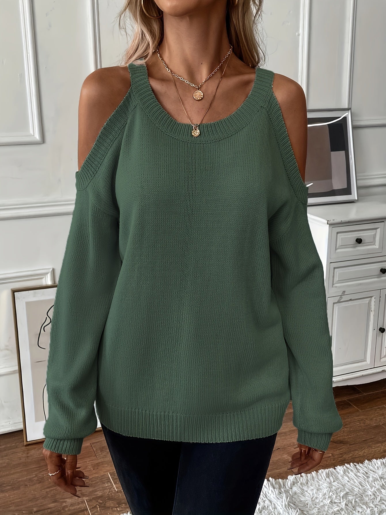 Suéter de punto suave para otoño/invierno con cuello redondo elegante para mujer