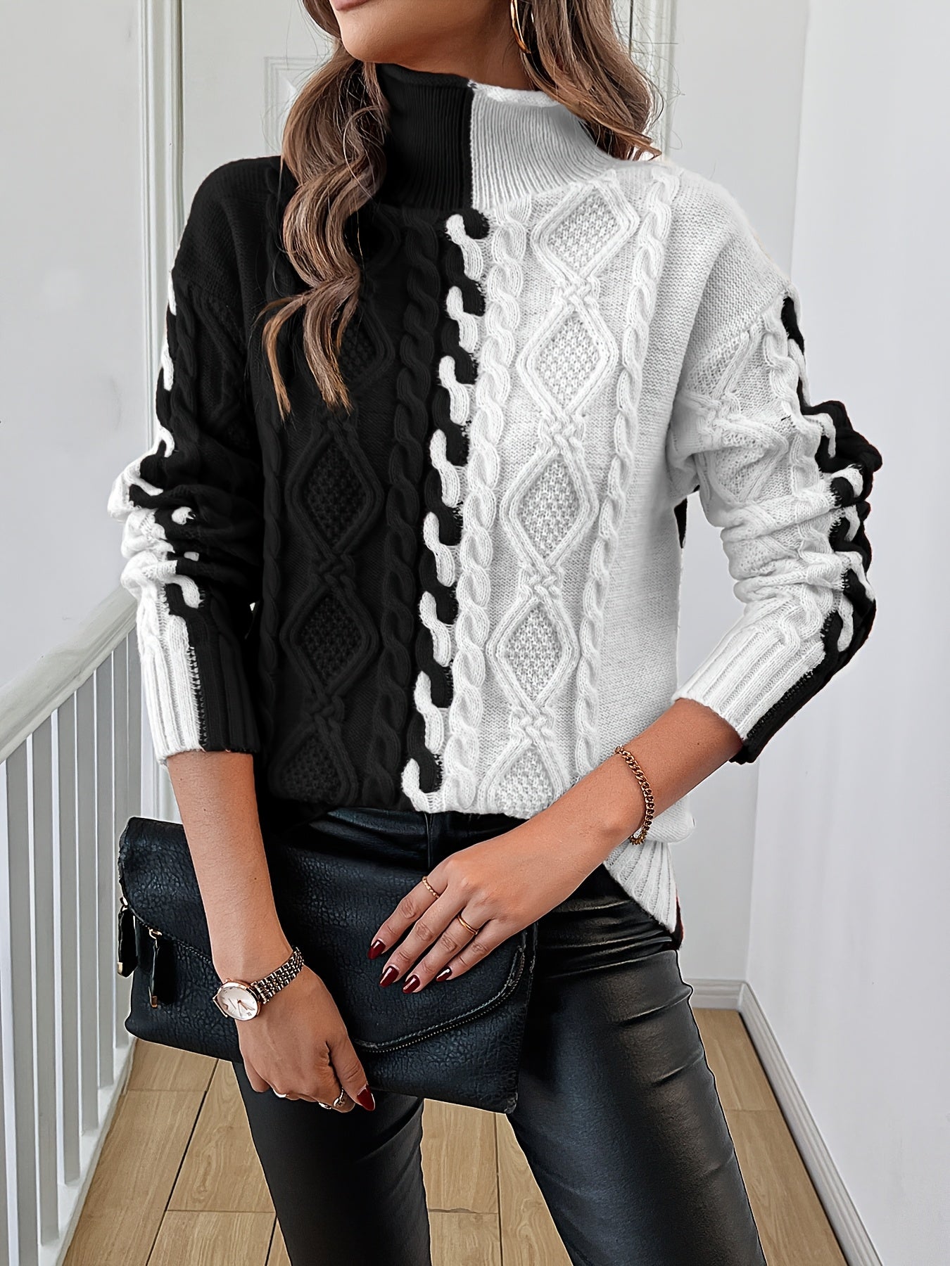 Blusa Elegante de Rayas con Cuello Alto – Top de Manga Larga de Punto Color Block