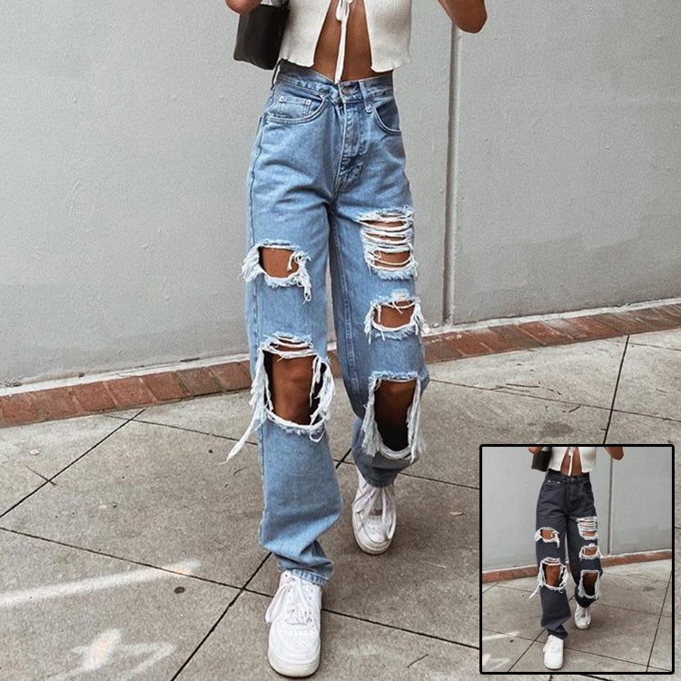 Jean en denim lavé classique Loom & Soul™ – Pantalon femme taille mi-haute coupe droite avec détails effilochés