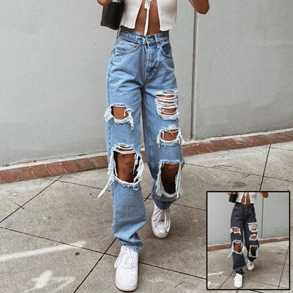 Jean en denim lavé classique Loom & Soul™ – Pantalon femme taille mi-haute coupe droite avec détails effilochés