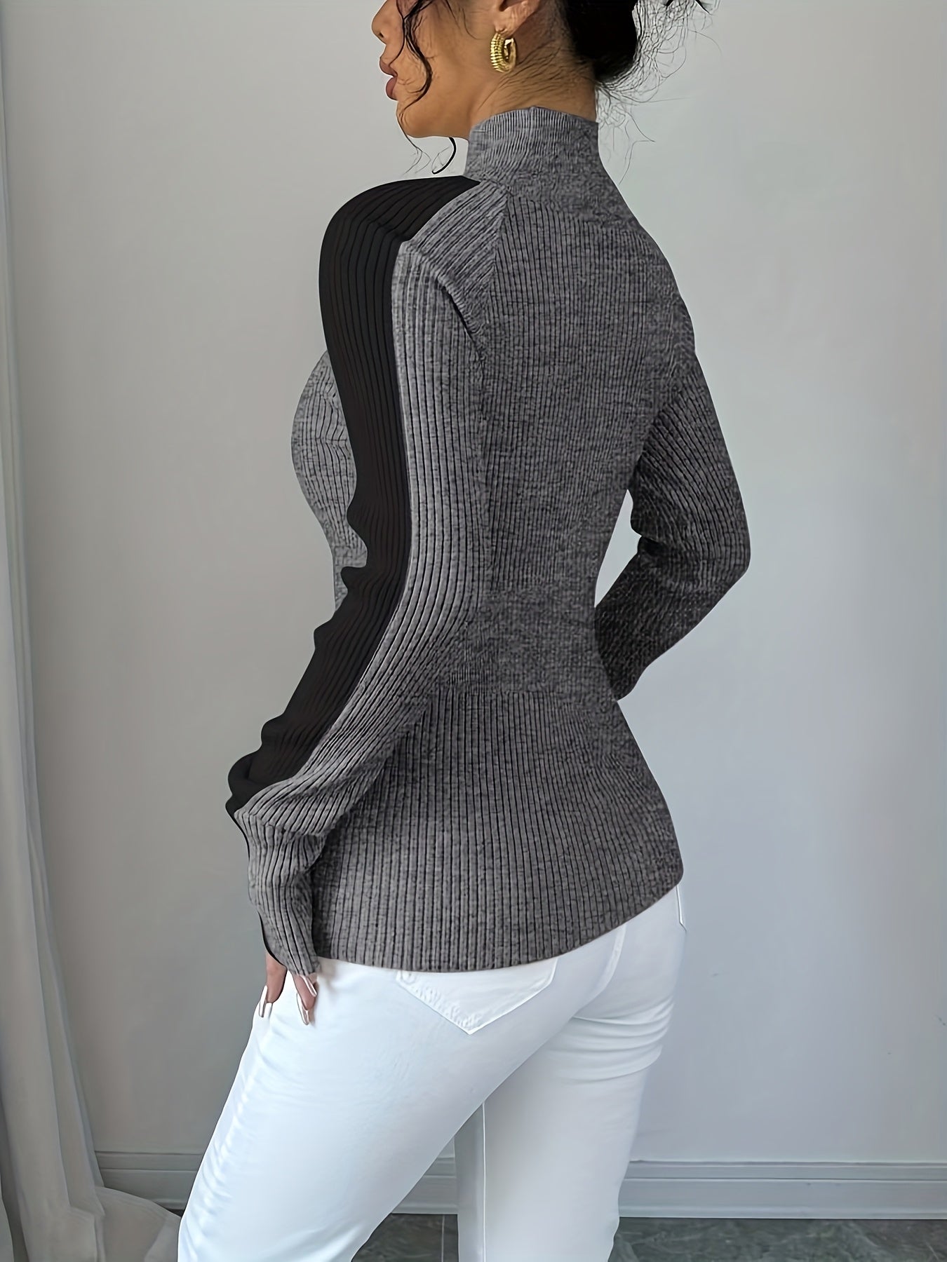Suéter de cuello alto color block para mujer - Blusa elegante de punto suave