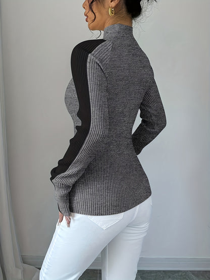 Suéter de cuello alto color block para mujer - Blusa elegante de punto suave
