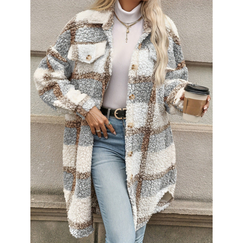 Chaqueta acolchada con solapa, bloques de color y estampado a cuadros para mujer – Estilo Mori