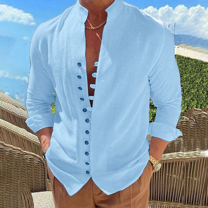 Camisa de lino y algodón para hombre con cuello alto – Cárdigan casual de corte holgado