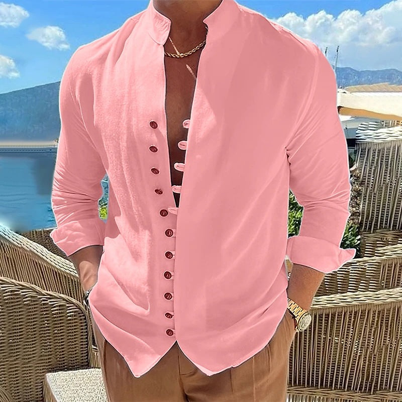 Camisa de lino y algodón para hombre con cuello alto – Cárdigan casual de corte holgado