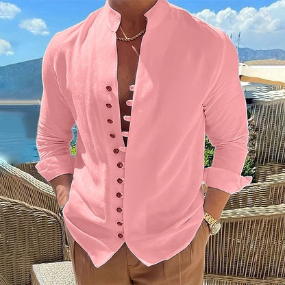 Camisa de lino y algodón para hombre con cuello alto – Cárdigan casual de corte holgado