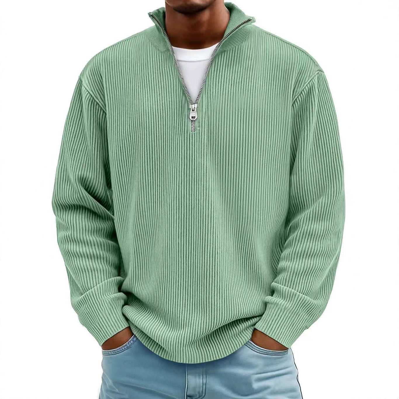 Men’s Corduroy Zip Stand Collar Sweatshirt – Casual Long Sleeve Top