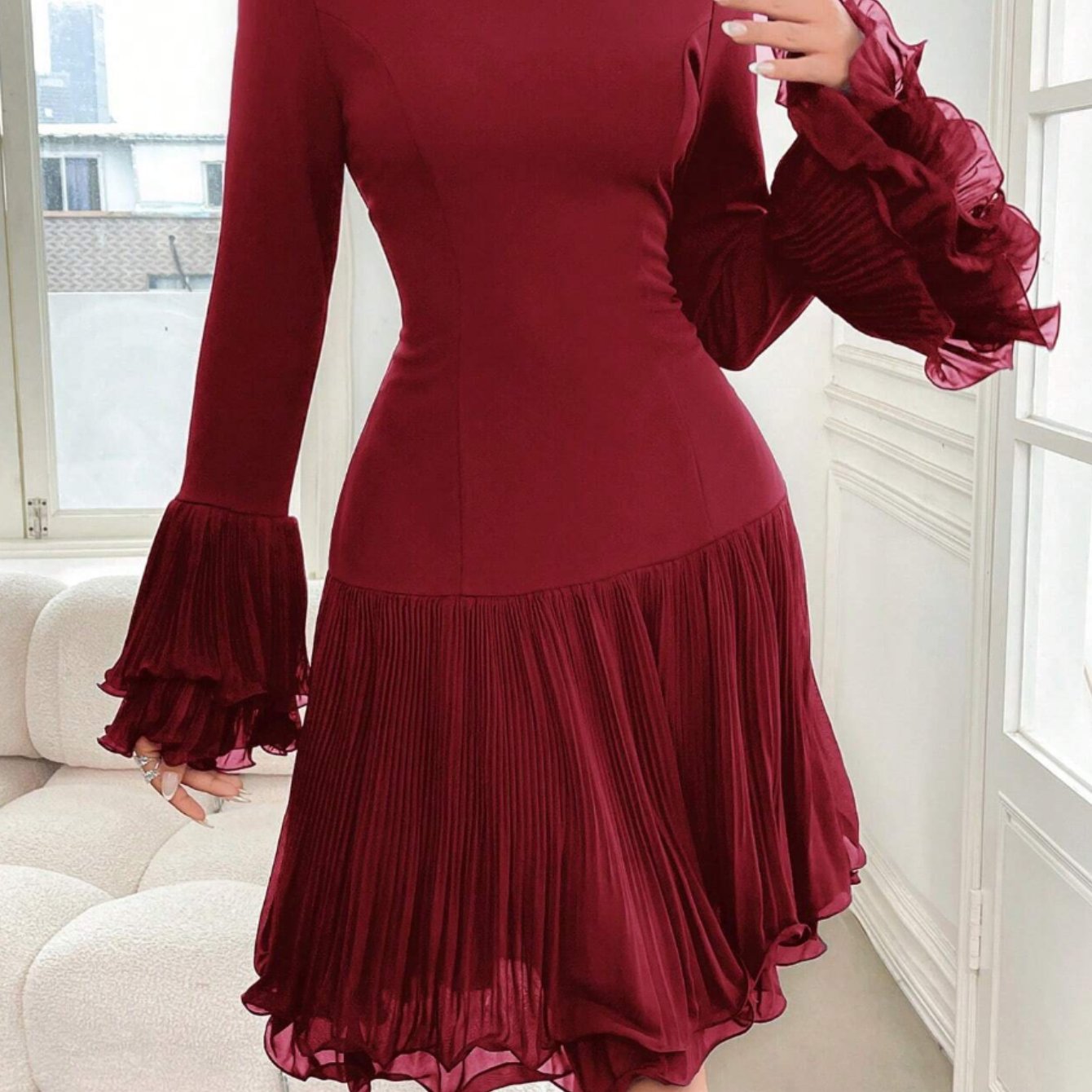 Burgundy Bardot Ruffle Dress – Elegant Vintage Party Midi Dress