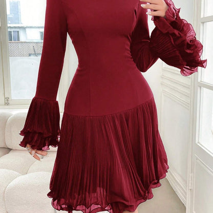 Burgundy Bardot Ruffle Dress – Elegant Vintage Party Midi Dress