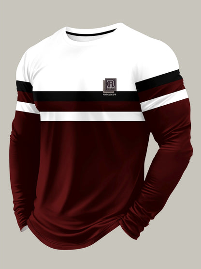 3D Geometric Street Tee – Wine Red Contrast Long Sleeve