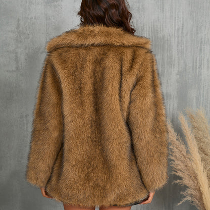 Abrigo de invierno mullido de piel sintética para mujer – Chaqueta holgada con solapa