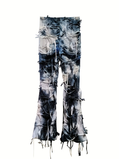 Tie-Dye Mesh Flare Pants – High-Waisted Fringe Detail Semi-Sheer Trousers