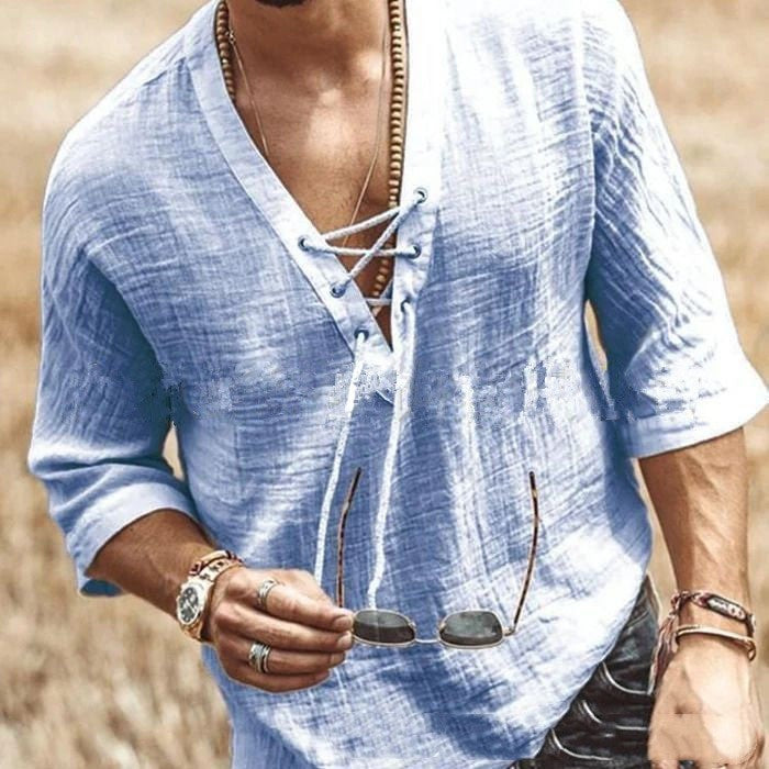 Camiseta de algodón de manga media para hombre con cuello redondo y cordones