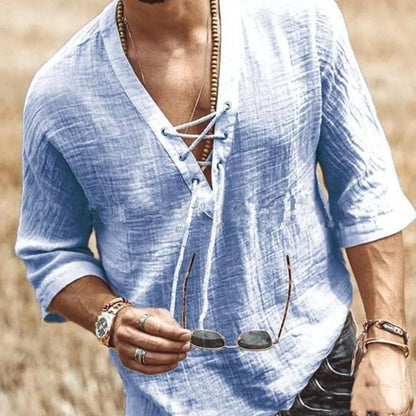 Camiseta de algodón de manga media para hombre con cuello redondo y cordones