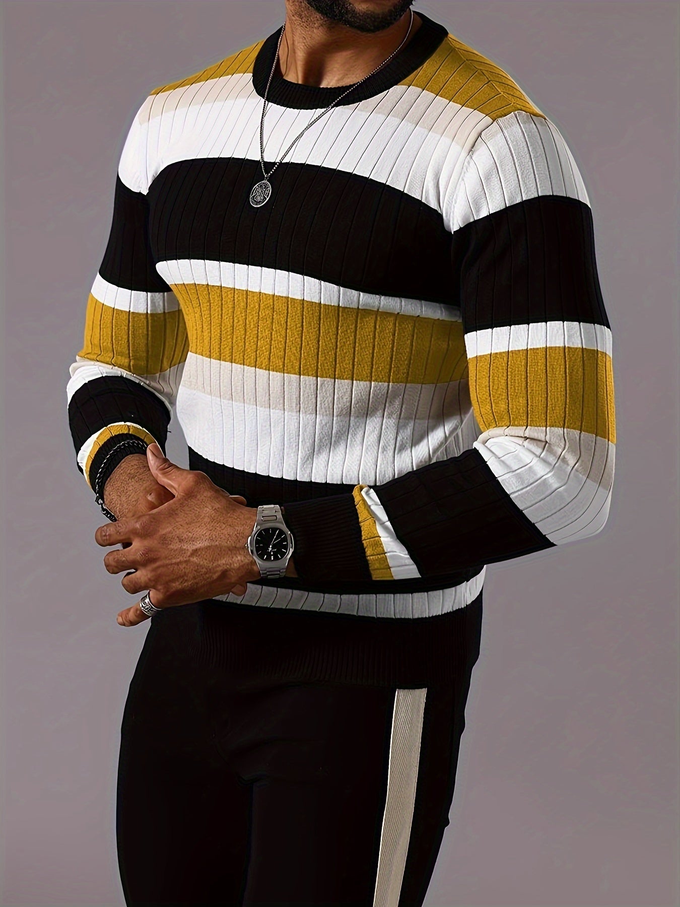 Pull rayé en tricot côtelé pour homme – Pull Color Block Automne Hiver