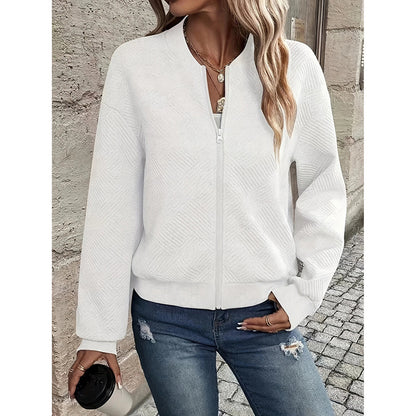 Chaqueta bomber texturizada de Loom & Soul para mujer – Abrigo de moda de otoño con cuello alto y cremallera | Ropa de abrigo informal, ligera y elegante
