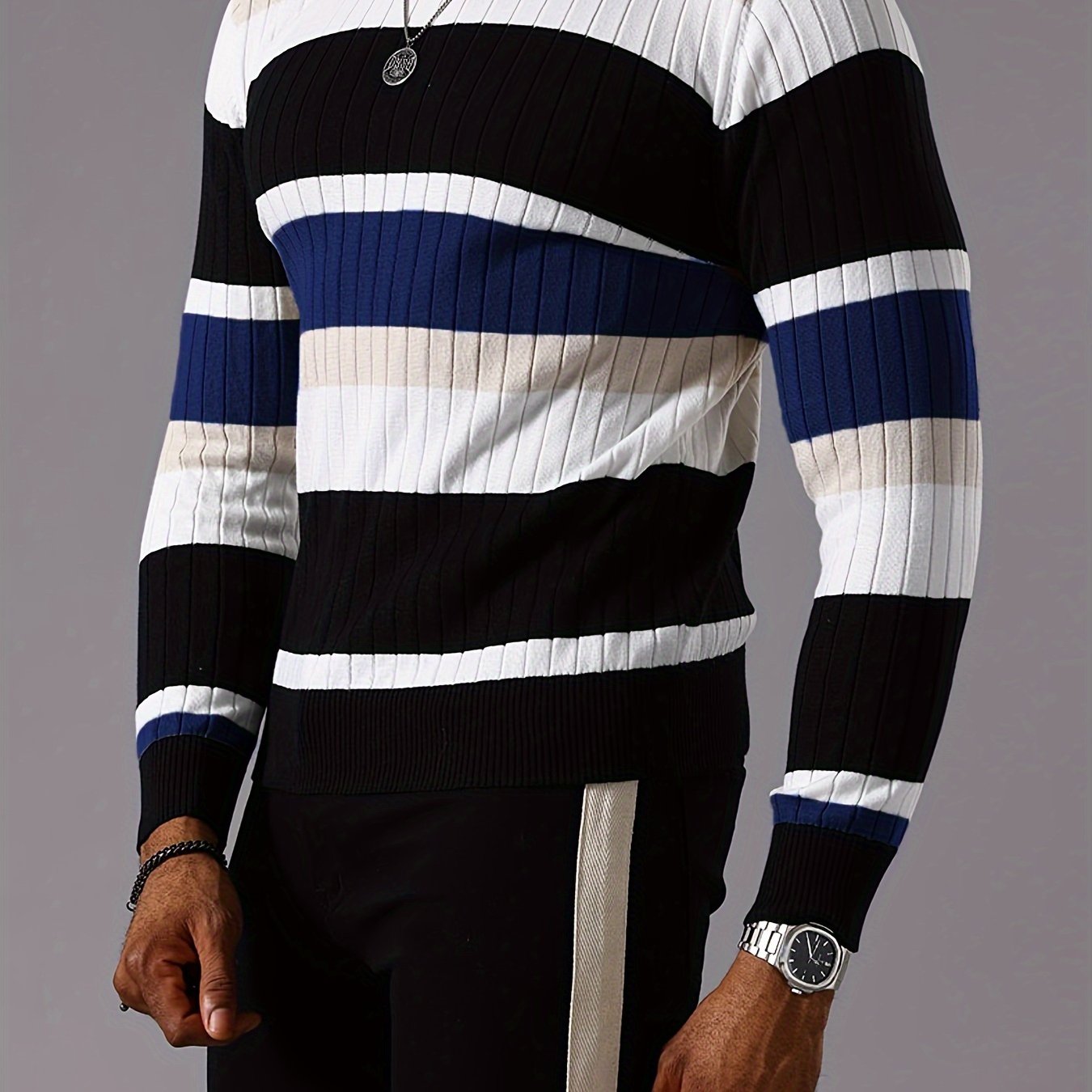 Pull rayé en tricot côtelé pour homme – Pull Color Block Automne Hiver