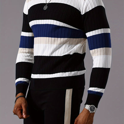 Pull rayé en tricot côtelé pour homme – Pull Color Block Automne Hiver